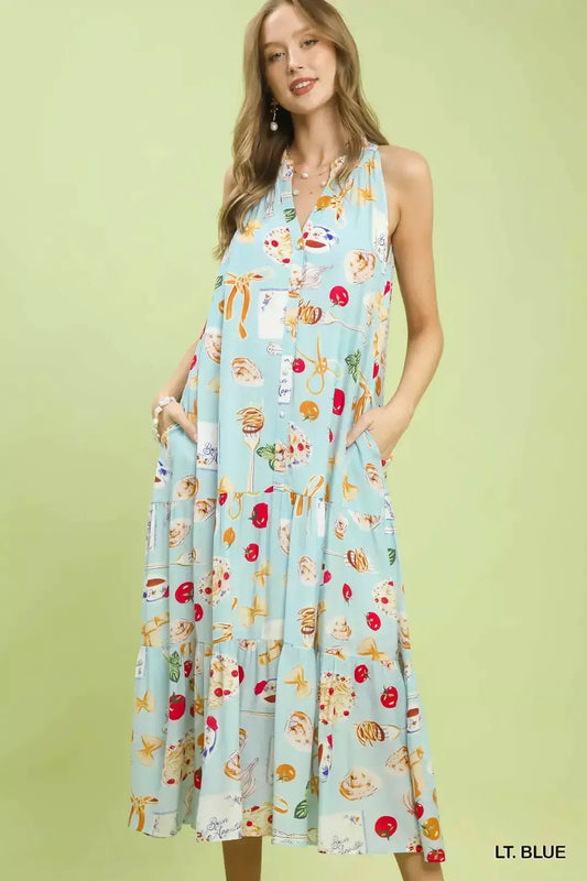 Umgee Abstract Print Tiered Halter Midi Dress