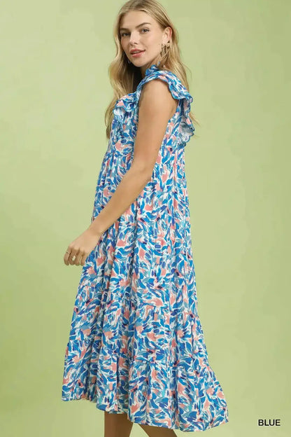 Umgee Leaf Print Midi Tiered Dress with Side Pockets