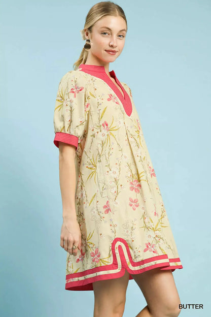 Umgee Floral Puff Sleeve Dress with Contrast Trim