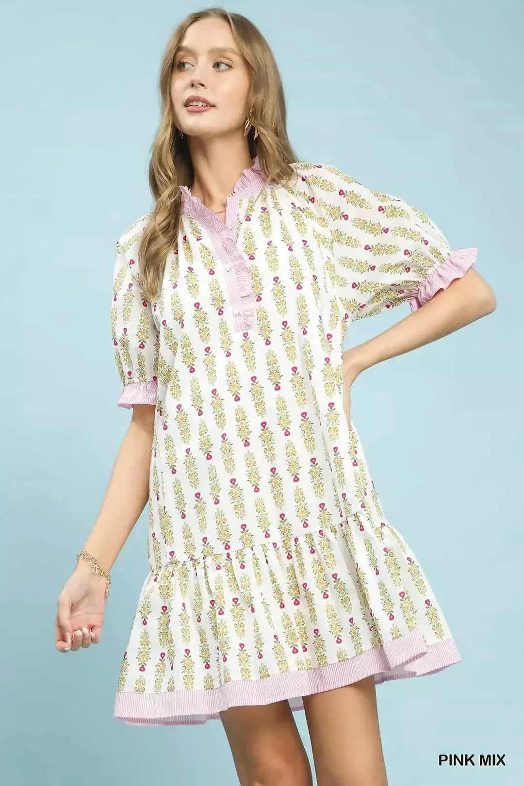 Umgee Striped Trim Floral Tiered Mini Dress