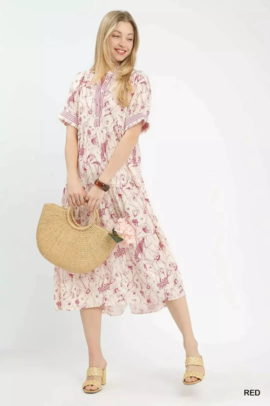 Umgee Floral Tiered Midi Dress with Ruffle Trim