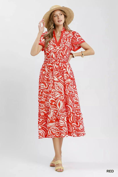 Umgee Paisley Print Midi Dress with Side Pockets